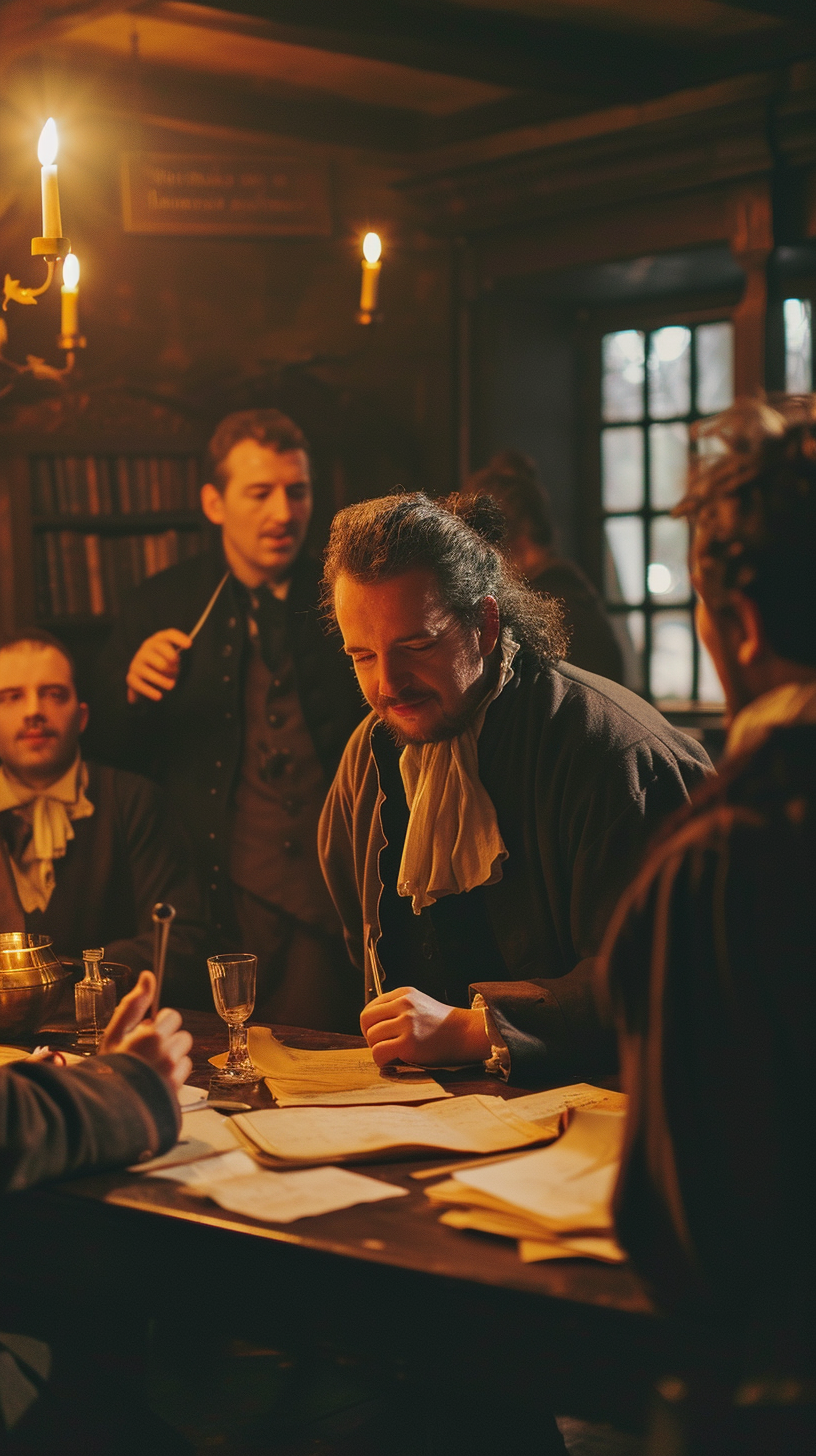 Elizabethan writers discussing in dimly lit tavern