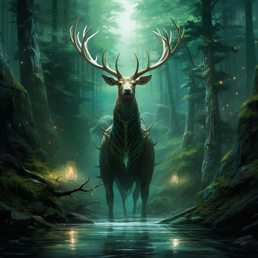 Majestic Elk with Lanterns in Green Forest