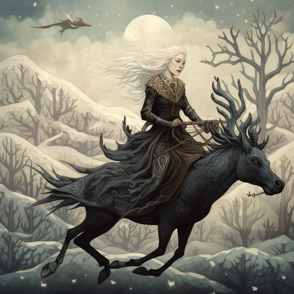 Woman Riding Elk Stag with Crow in Winter