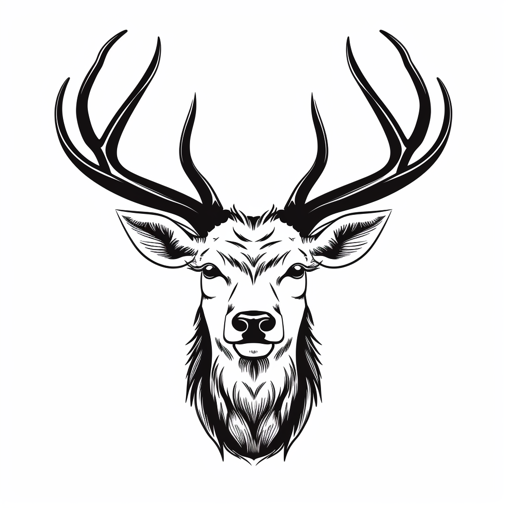 Black and white illustration of elk head with giant antlers