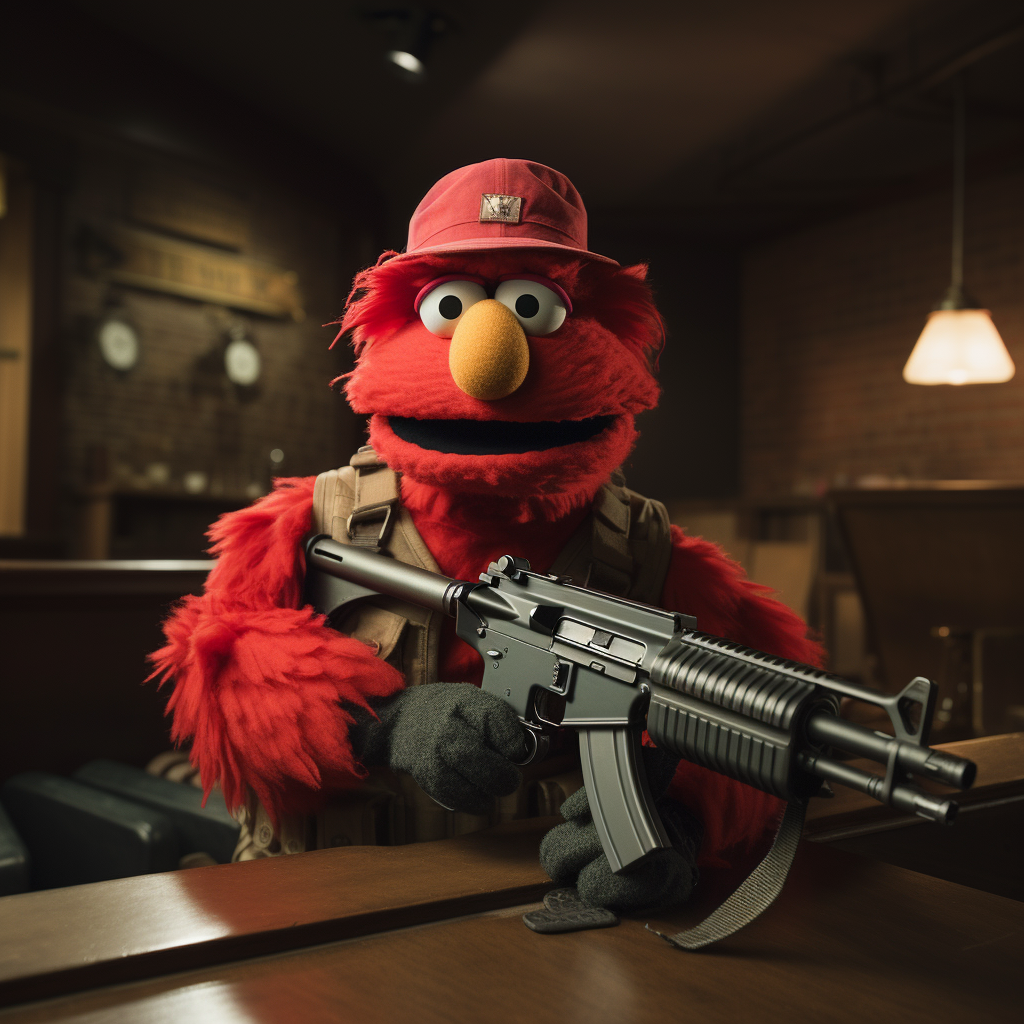 Elmo robbing bank with M16 rifle