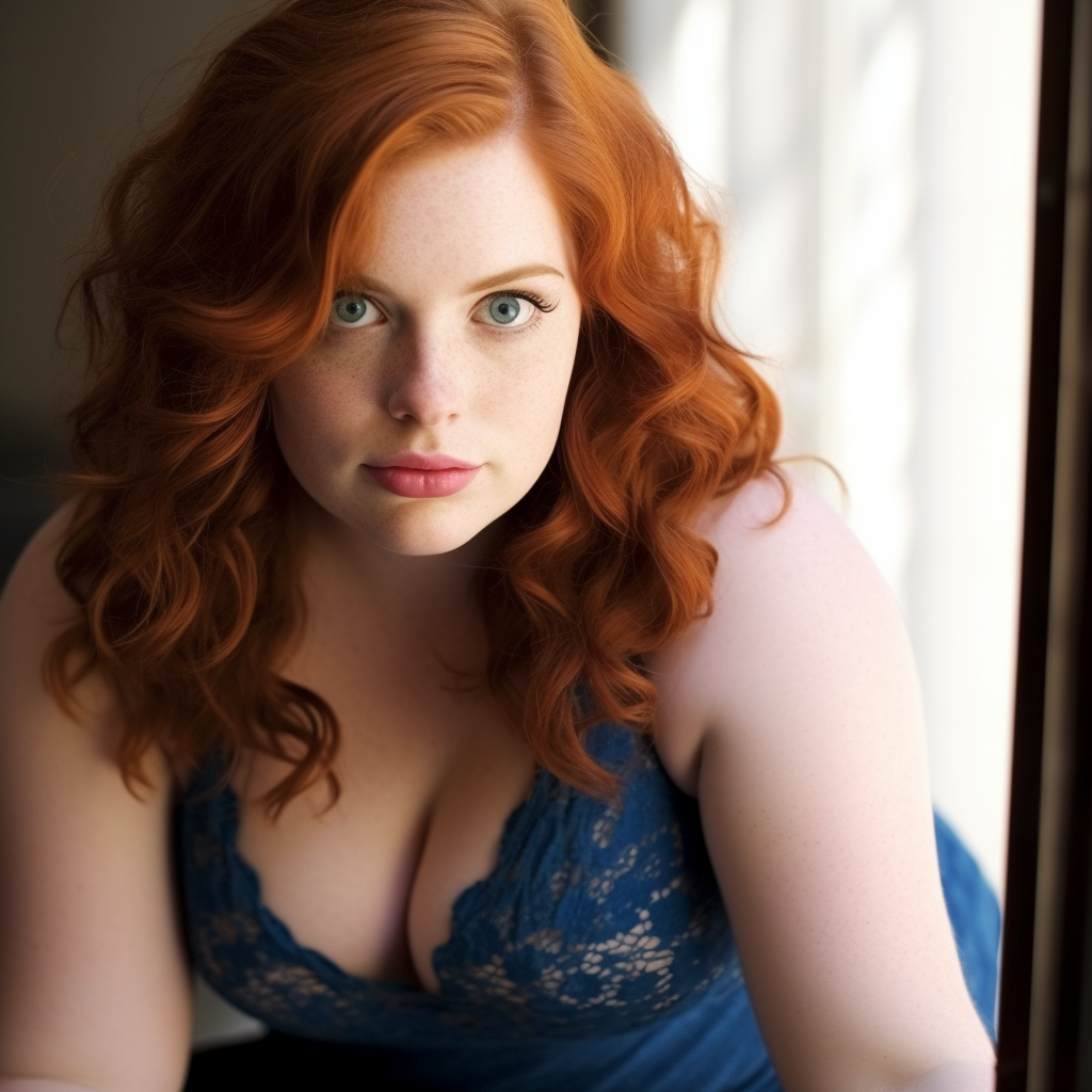 Full-Figure Redhead Woman with Blue Eyes