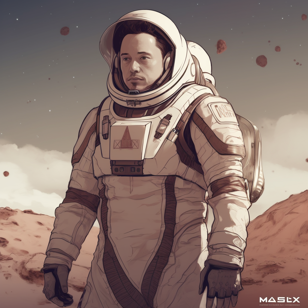 Elon Musk anime character in SpaceX spacesuit on Mars