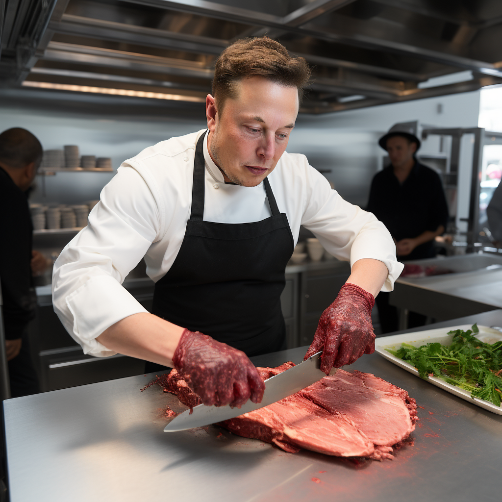 Elon Musk cutting meat with a knife