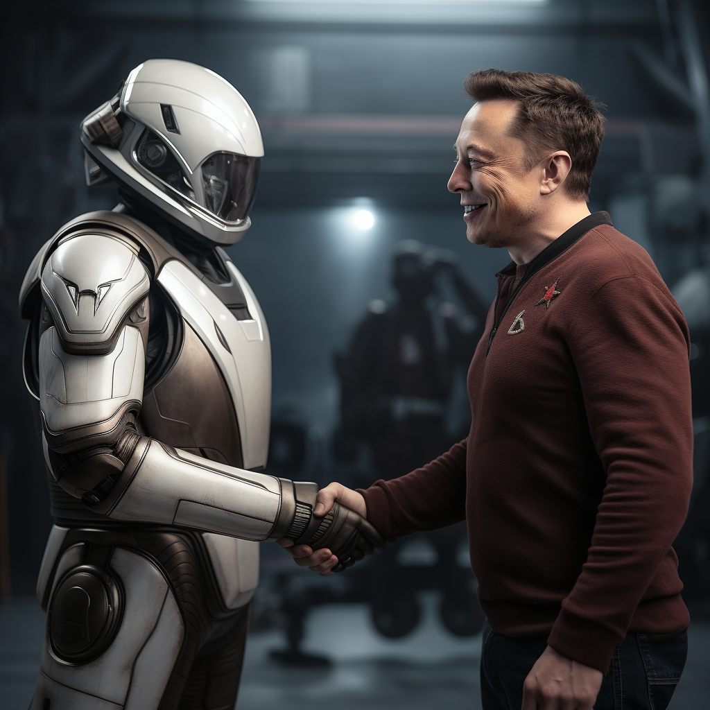 Elon Musk and astronaut shaking hands in space