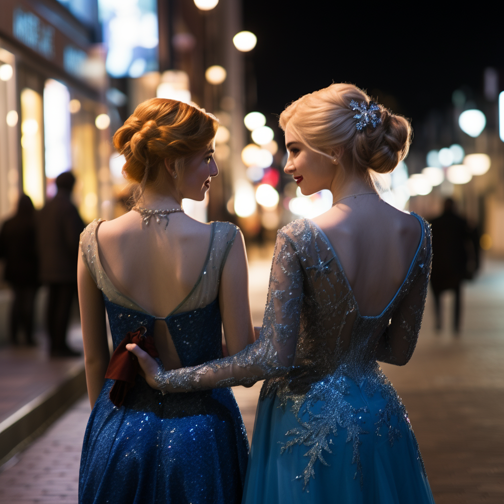 Elsa and Anna in evening dresses