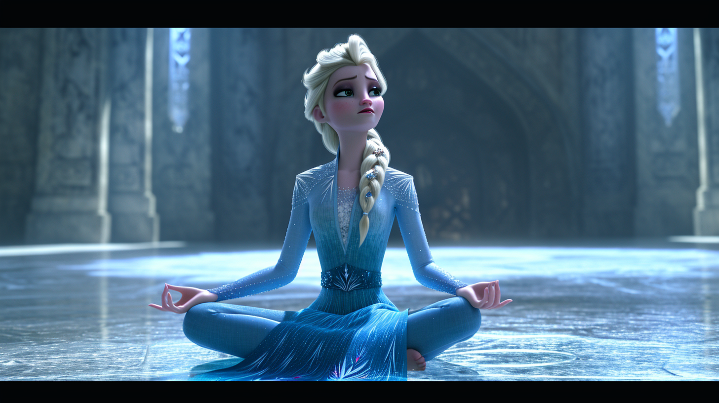 Elsa meditating in grand ice room