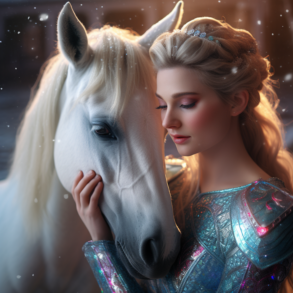 Elsa petting beautiful unicorn with glittery tail