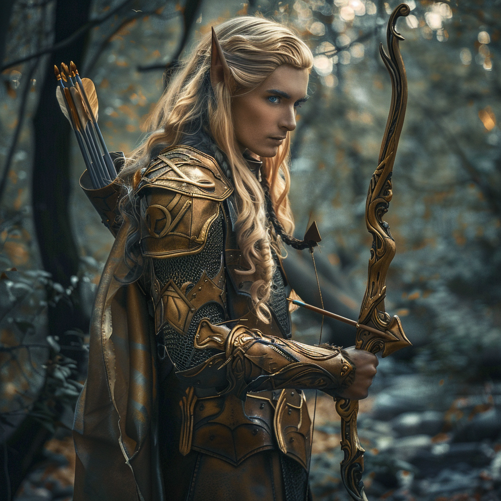 Elven archer with blond hair in forest