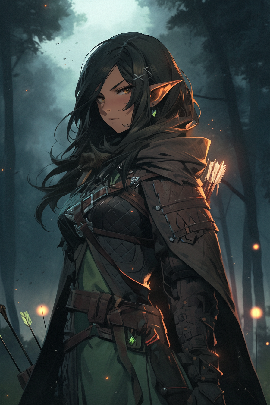 Female Elven Archer in Forest at Night