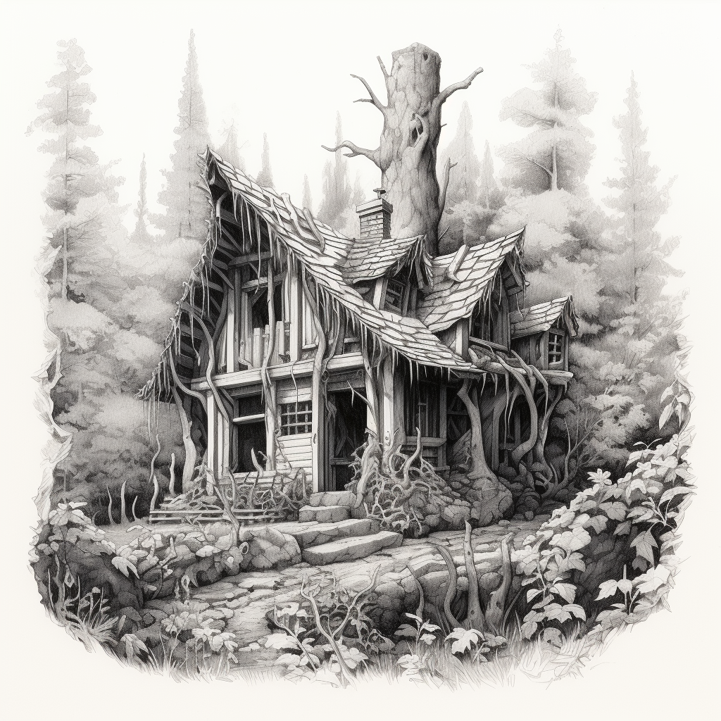 Black and white elven cabin in forest