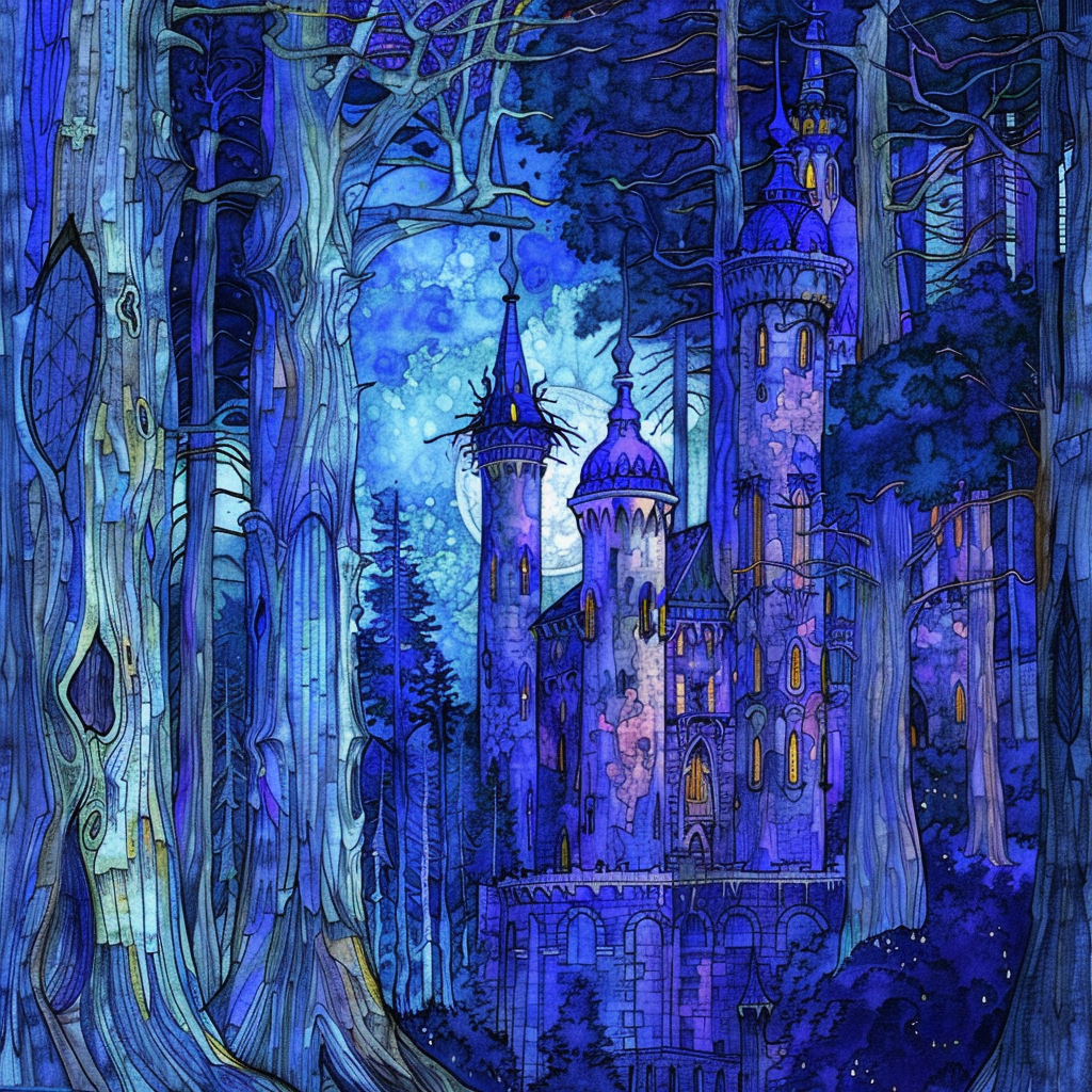 Elven castle in forest at night