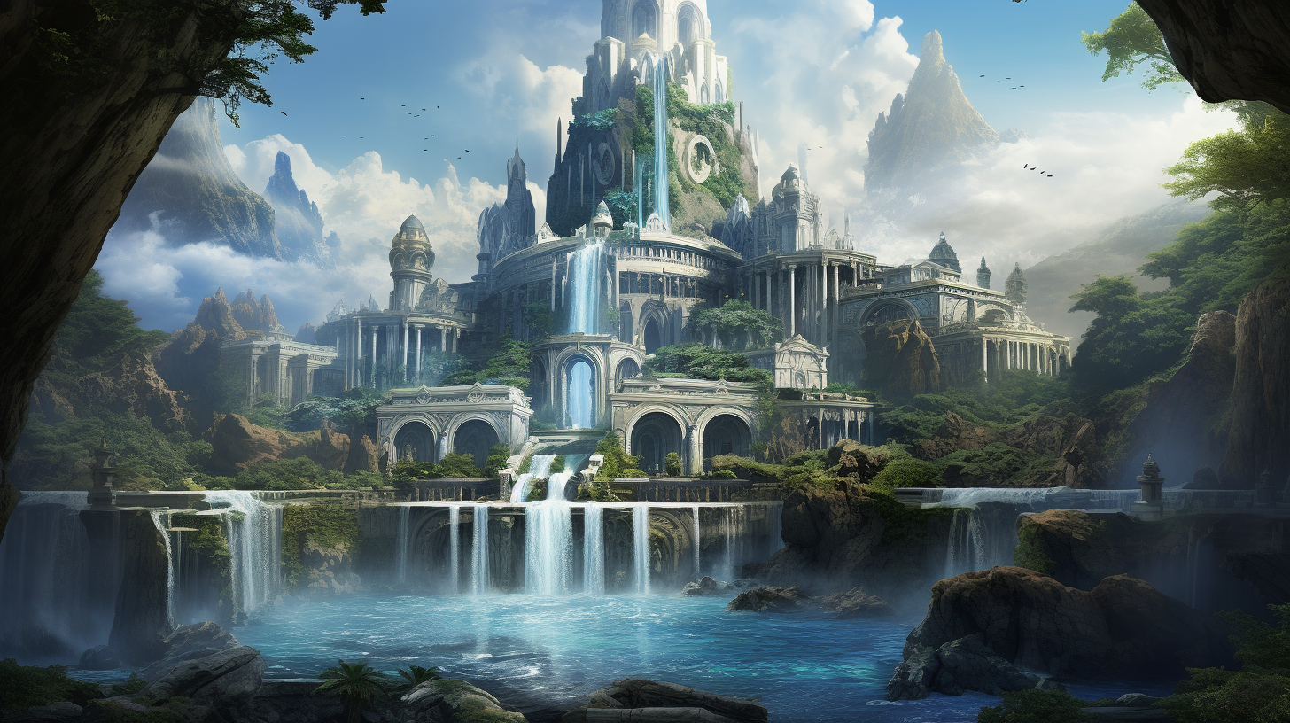 Panoramic view of stunning elven citadel and waterfall