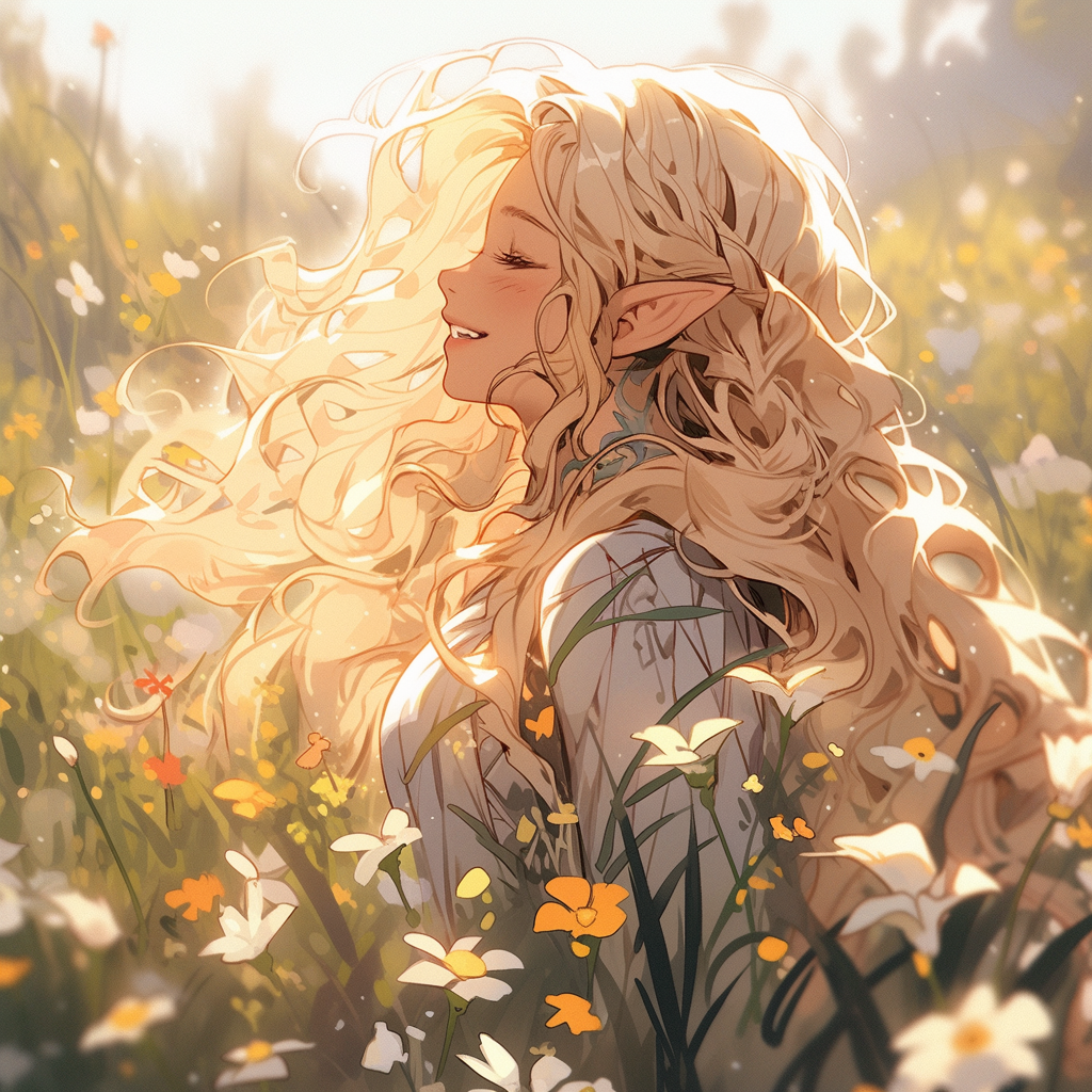 Blonde Elven Cleric in Flower Field