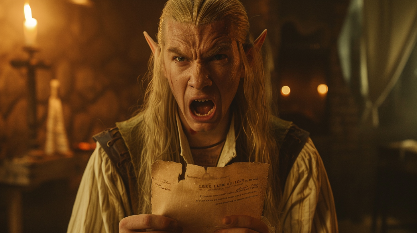 Closeup of Angry Elven Male Cleric with Parchment