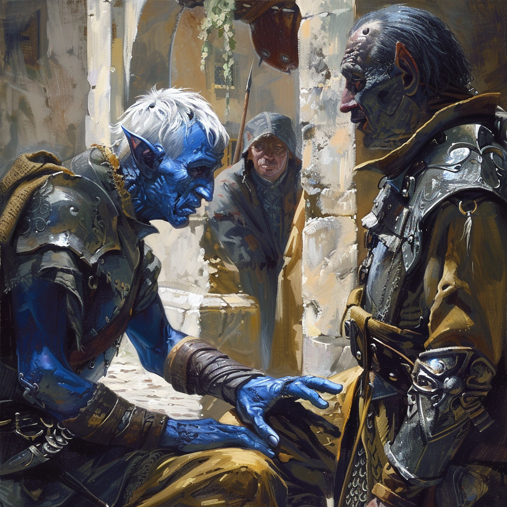 Blue-skinned soldier arguing with homeless man