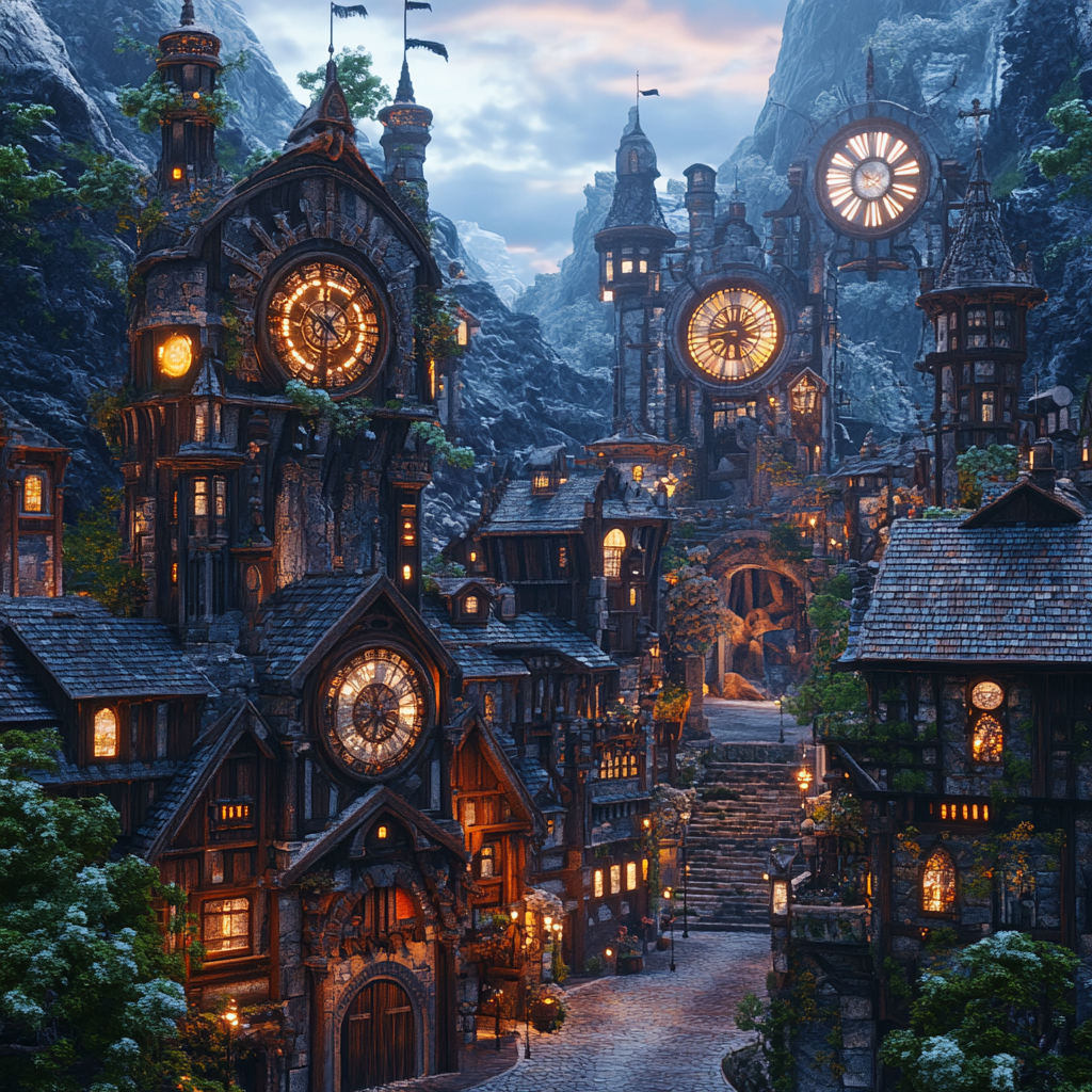 Cozy elven village night view