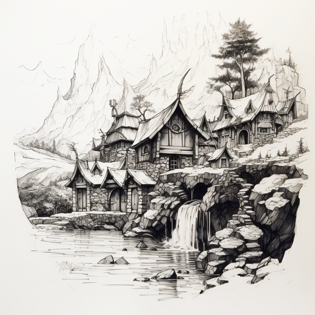 Elven village sketch in ink