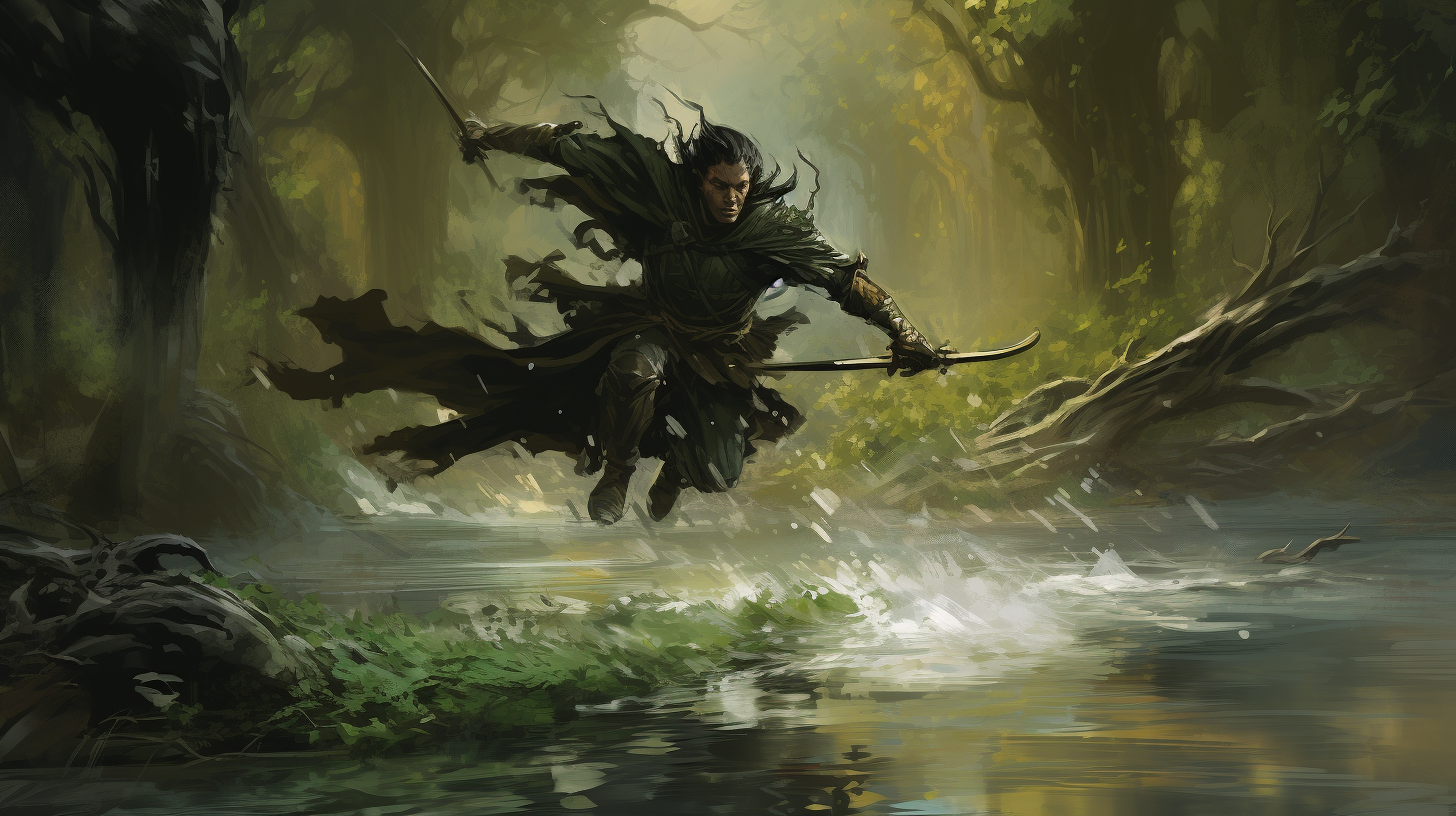 Elven warrior jumping over log in eerie swamp