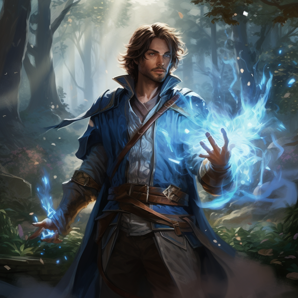 Male elven wizard casting blue magic spells