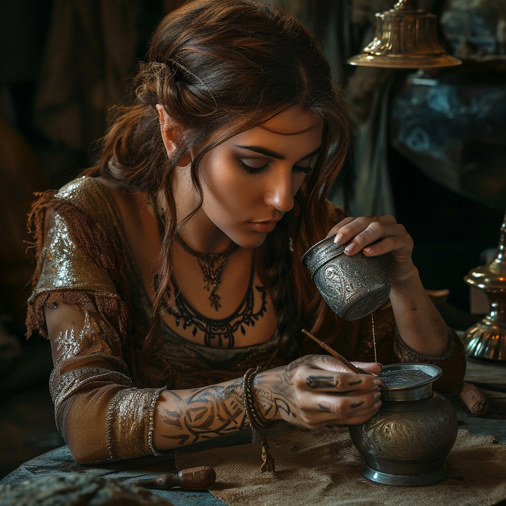 Elven woman engraving silver cup with brown hair