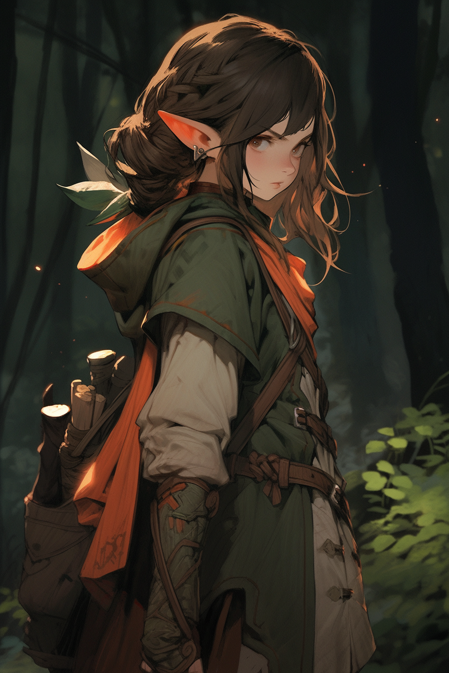 Elven female with brown hair and grey eyes in deep forest