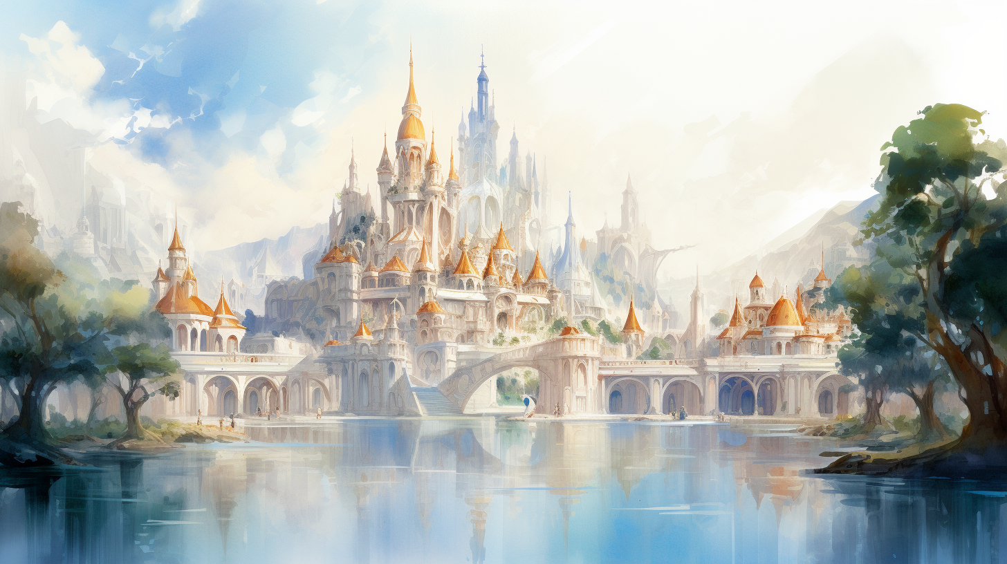 Fantasy city by the river painting
