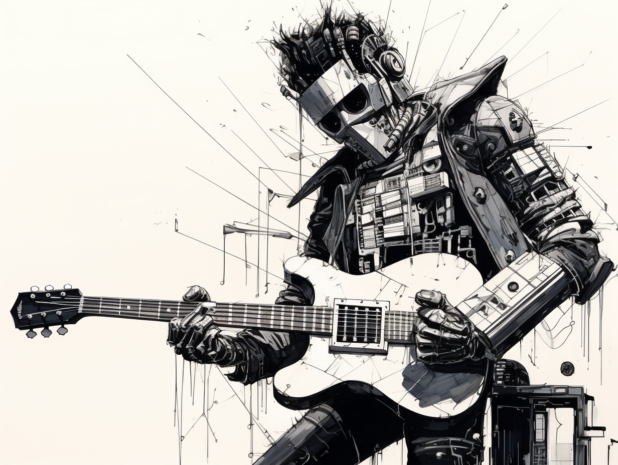 Amateurish black & white pen & ink sketch of an Elvis-style guitar-playing robot