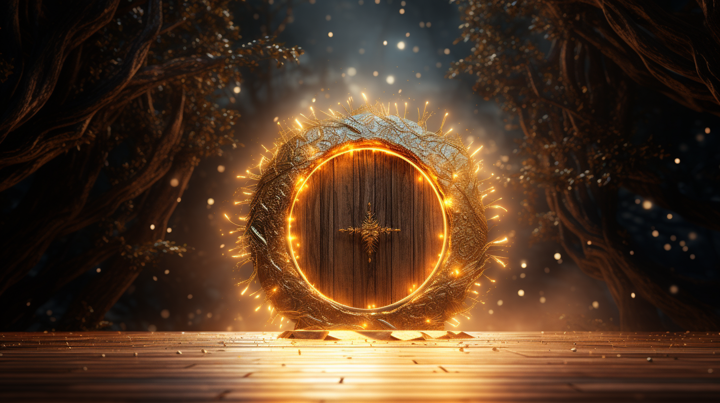 Golden wood elvish door in infinite universe