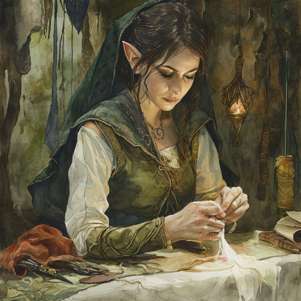 Beautiful Elvish Woman Sewing Enchants with Her Craft