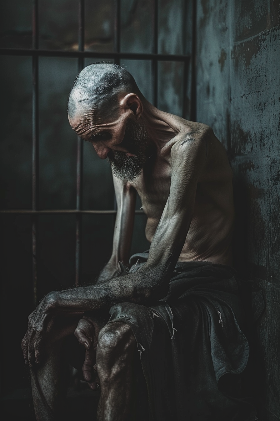 Emaciated man waiting in prison