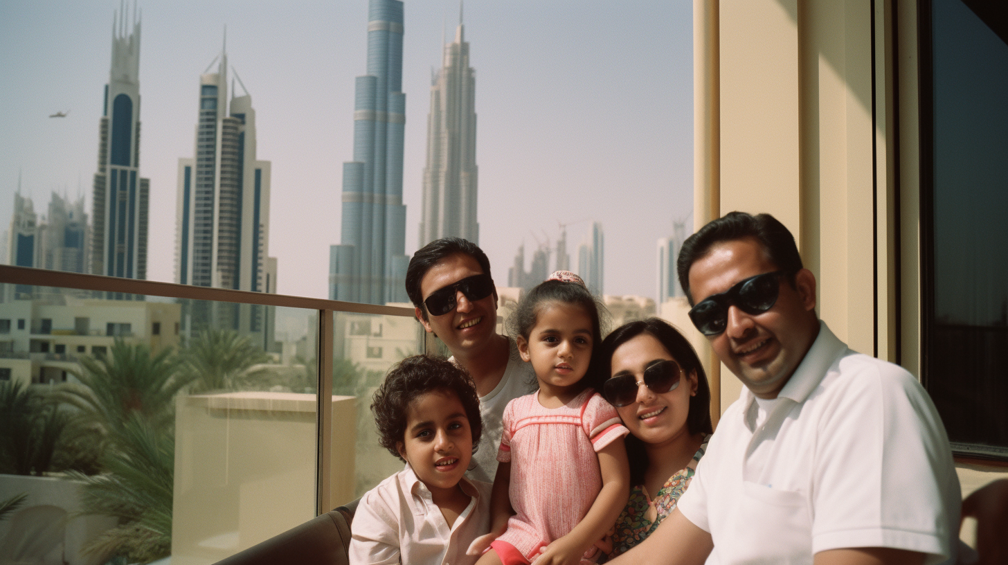 Emarati parents having fun with kids under blue sky and Burj Khalifa