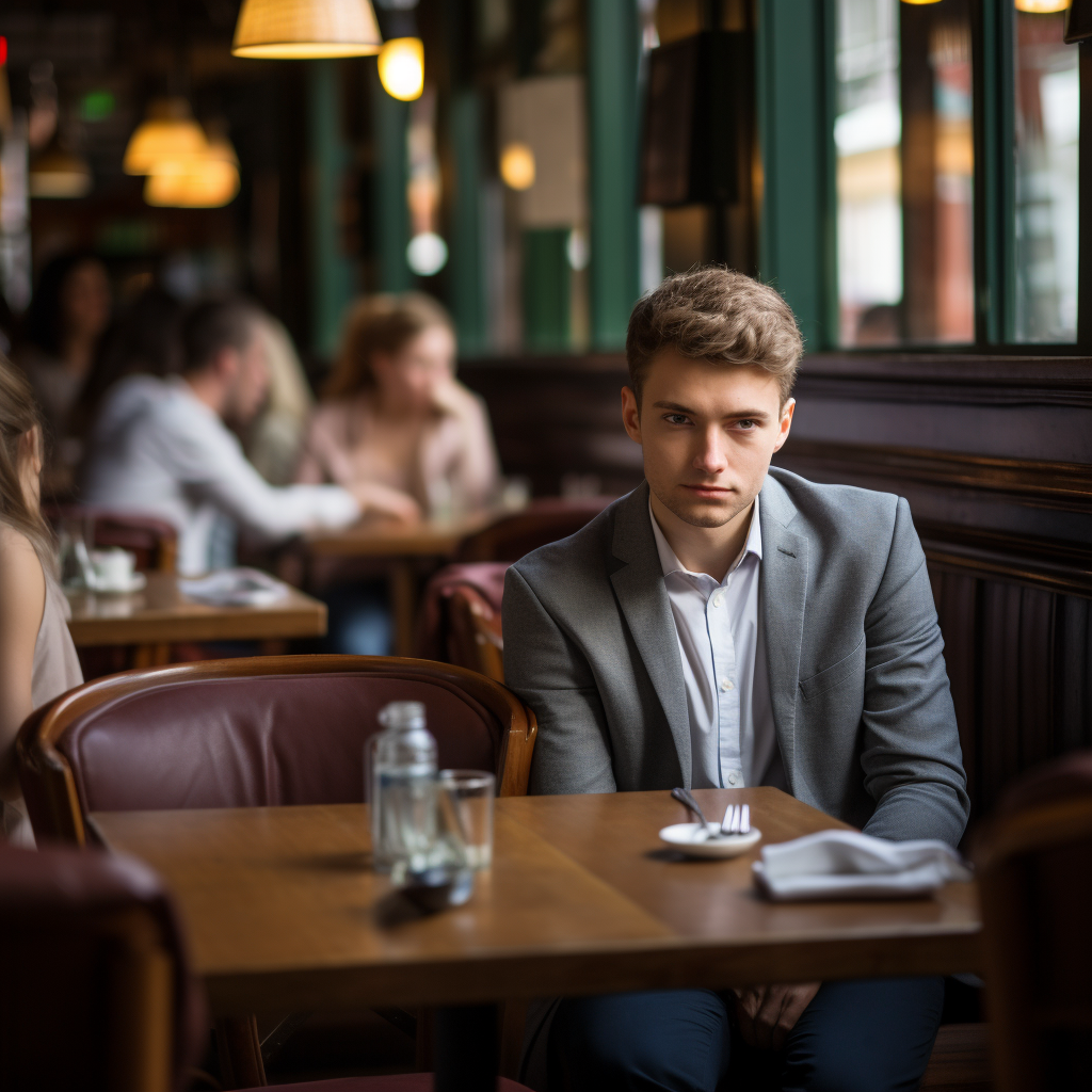 Embarrassed person alone at a restaurant