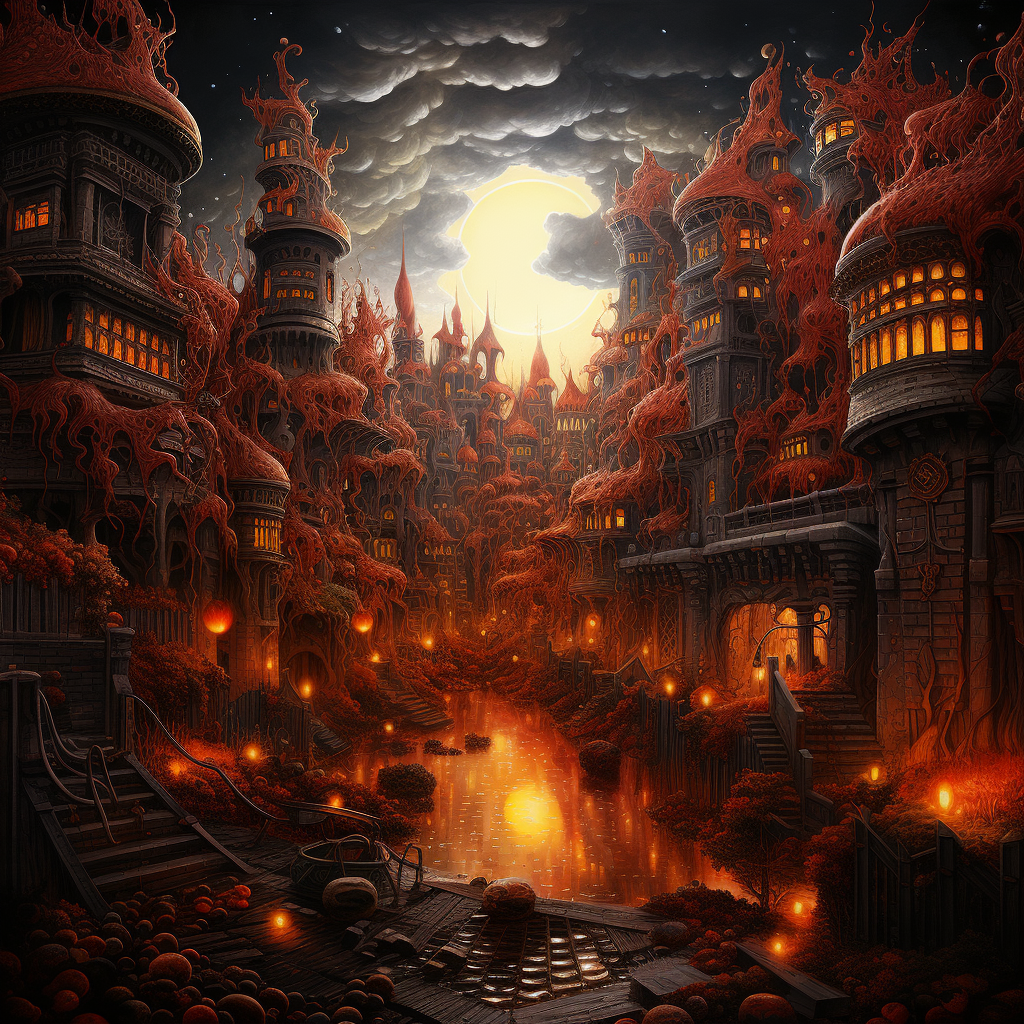 Vibrant cityscape filled with glowing embers and ripe fruit