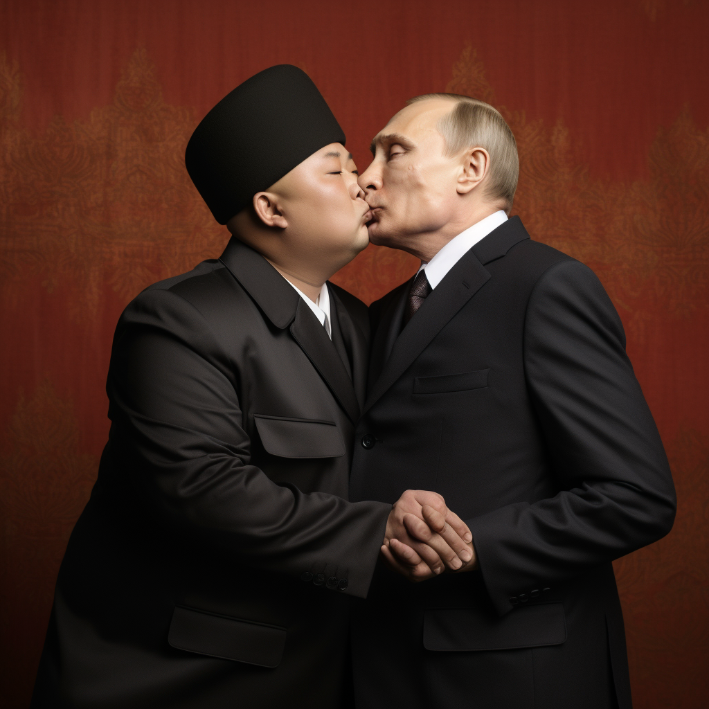 Vladimir Poutine and Kim Jong Un embracing