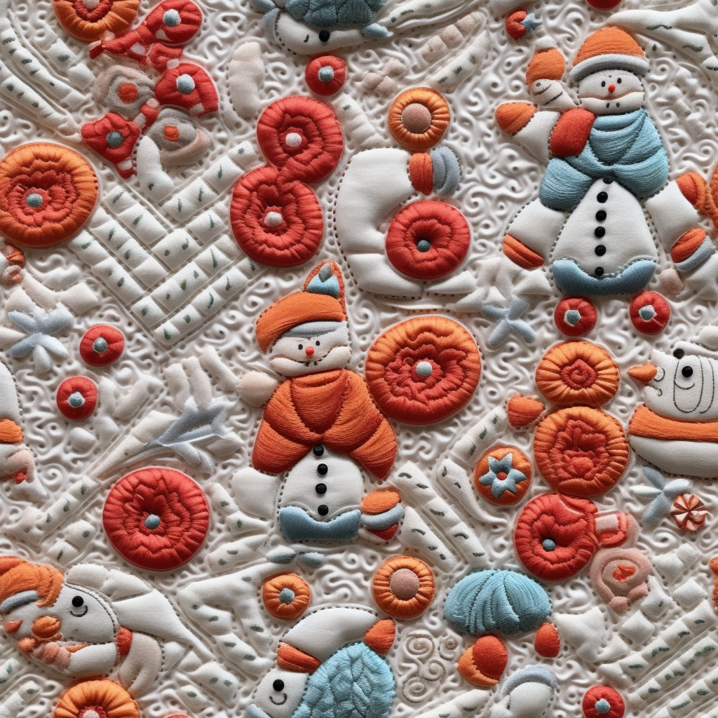 Embroidered clay fabric quilt with hyperrealistic details