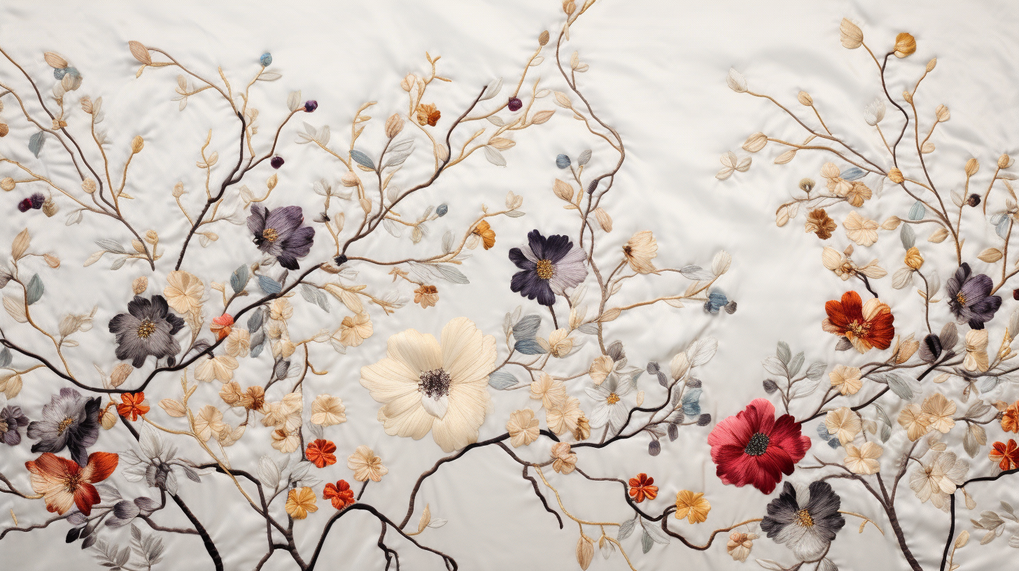 Beautiful embroidered floral fabric with decaying flowers