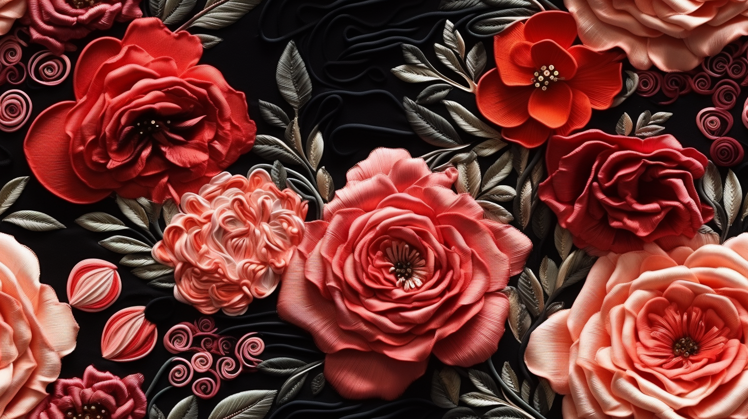 Beautiful embroidered roses on fabric