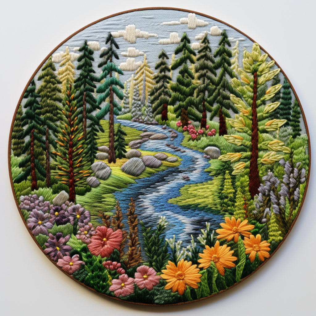 Round embroidery patch with pine trees and forest flowers