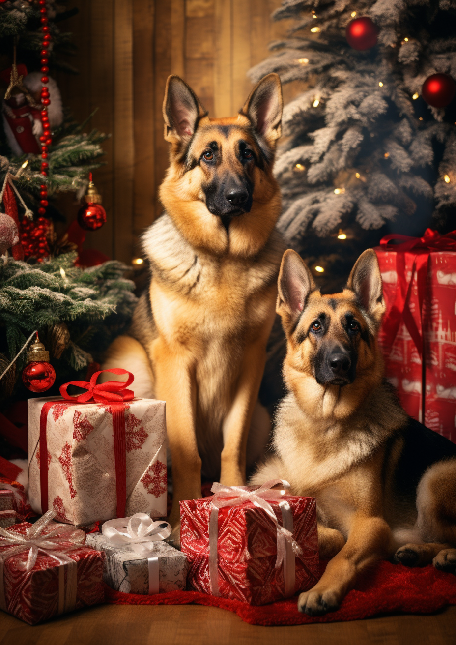 Embroidery of German Shepherds by Christmas Tree