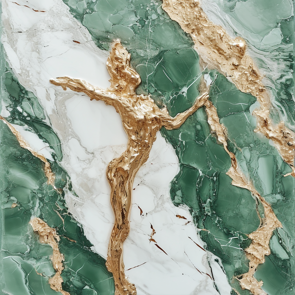 Woman sculpture on emerald and gold flake marble