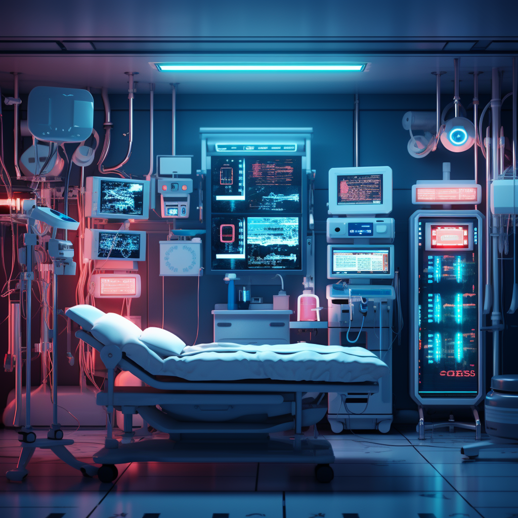 Medical instruments in cyberpunk-style emergency room