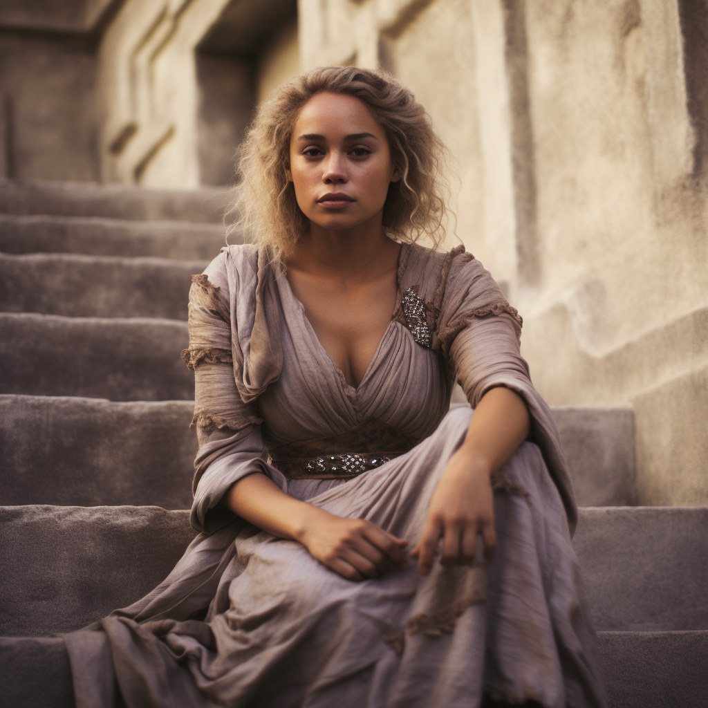 Emilia Clarke sitting on marble steps