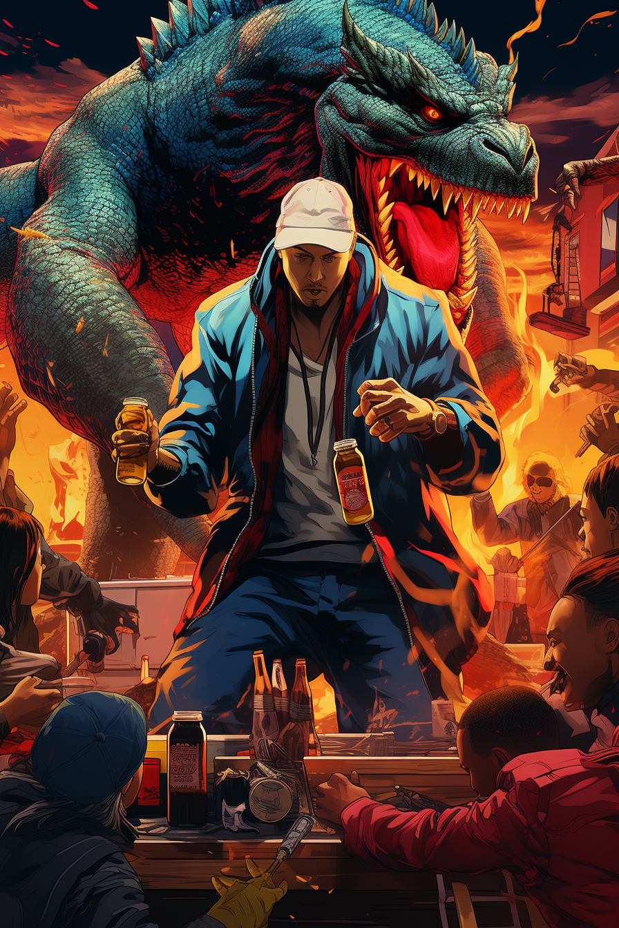 Eminem battling Godzilla with vibrant background