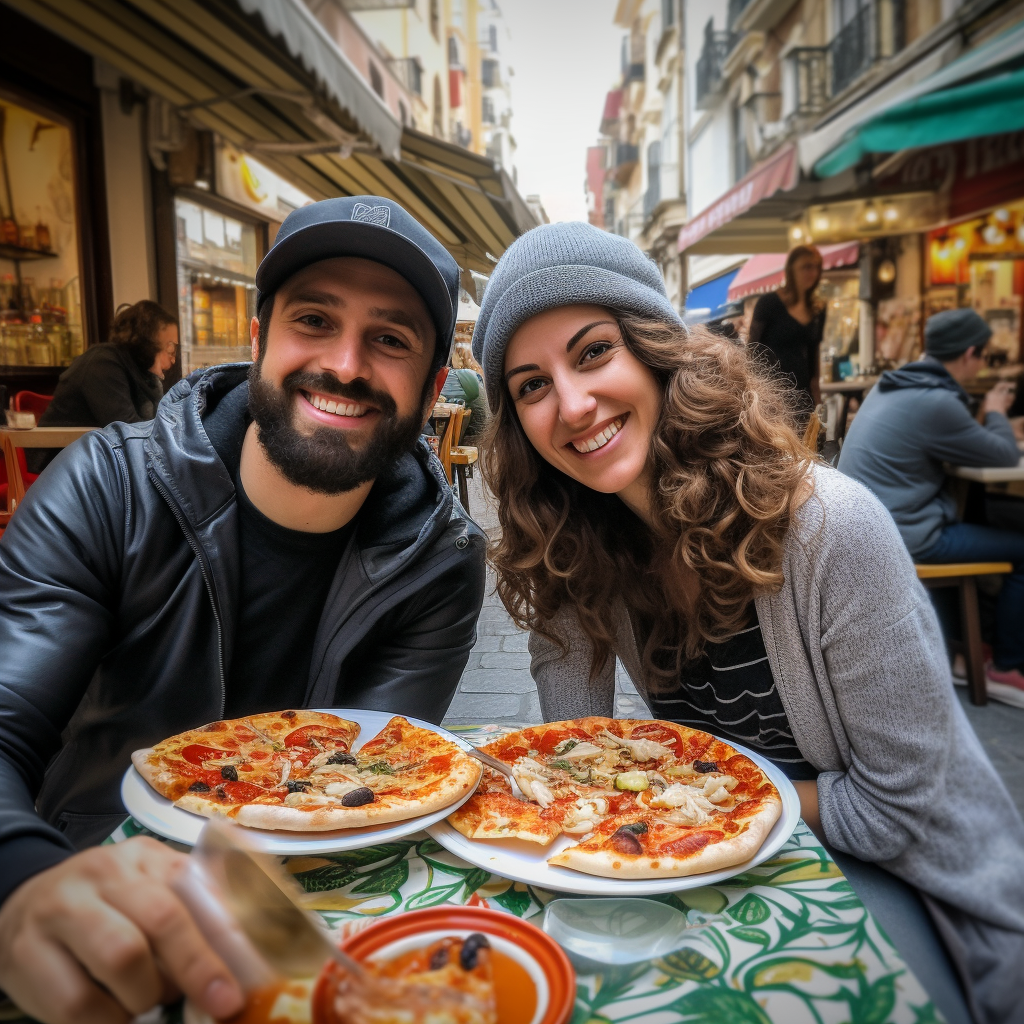 Emirati couple enjoying delicious pizza