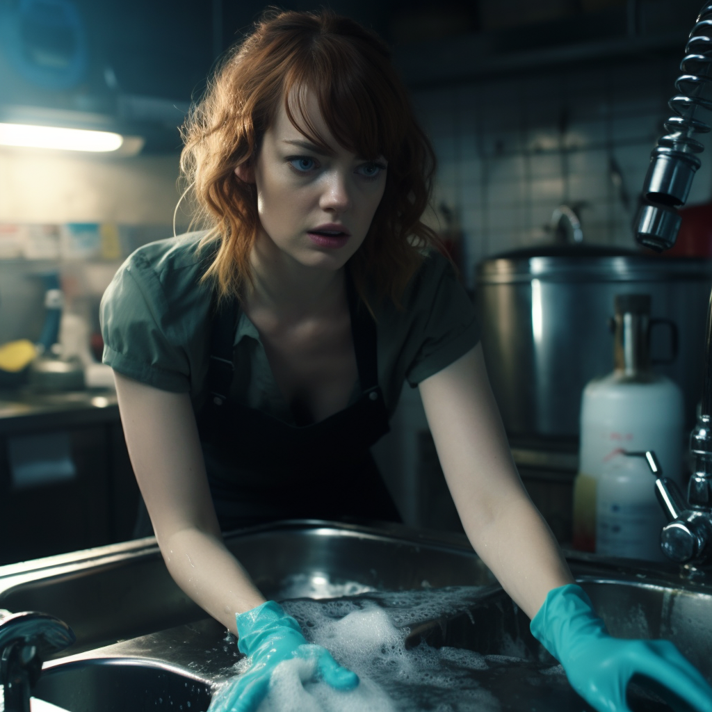 Emma Stone washing dishes wearing rubber gloves