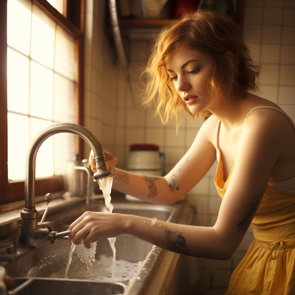 Emma Stone washing dishes with a smile