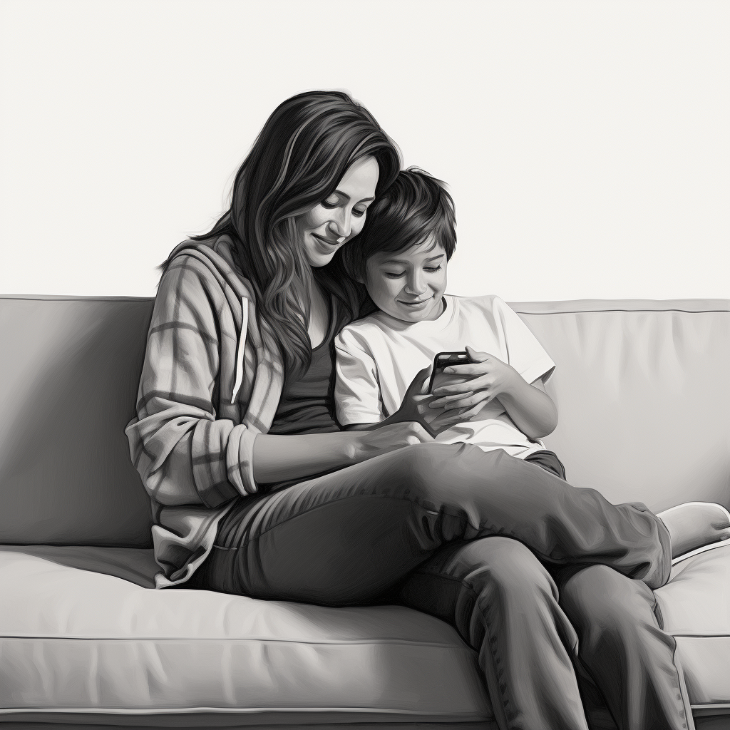 Emotional boy hugging mom on couch