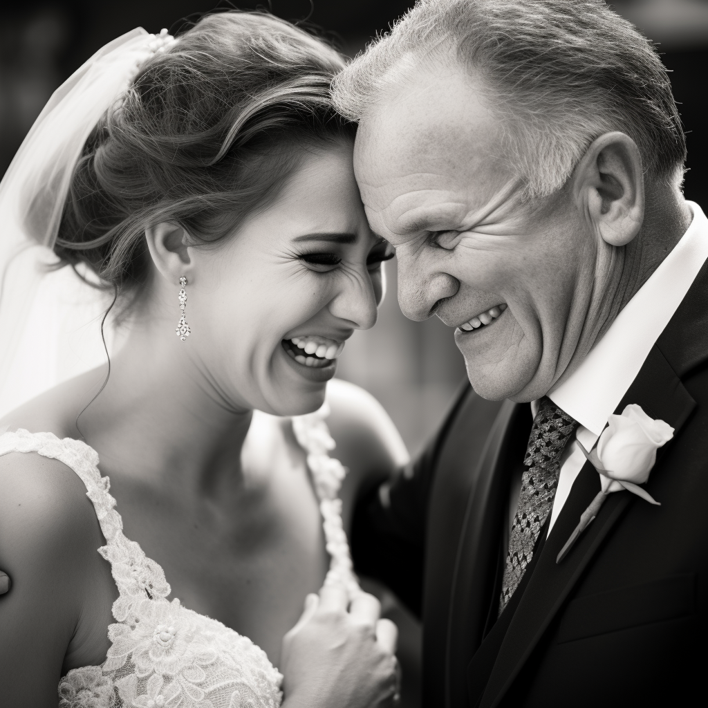 Emotional bride and father sharing tears of joy