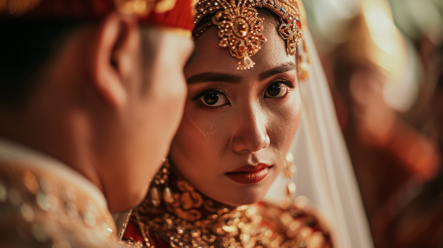 Indonesian couple getting married with emotional faces